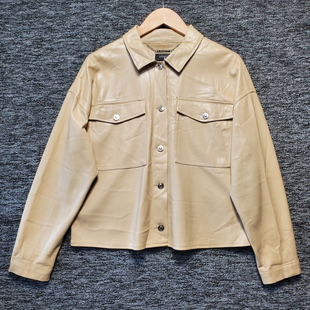 Tahari Faux Leather Shirt Jacket Womens Medium Cream Button Front Pocket Shacket